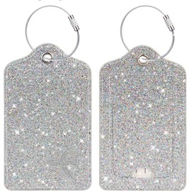 2Pcs GCACE Sparkly Silver Glitter Luggage Tags with Airplane Symbol, Stylish PU Leather Privacy Bag Tags with Steel Strap, Travel Bag Identifier for Women & Girls, Perfect for Suitcase and Backpack