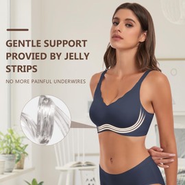 WOWENY Wireless Bras for Women No Underwire Seamless Bra Wavy Full Coverage Wide Strap V Neck Bralette Padded Push Up (Navy, M)