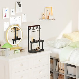 Lolalet Jewelry Organizer Stand Holder Mother's Day Gift, 4-Tier Cute Necklace Holder Stand Rack with 12 Hooks Place Rings Necklaces for Teen Girl Room Decor -Black