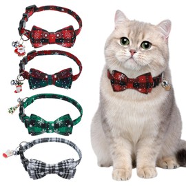 Quilax 4Pcs Christmas Cat Collars with Bow tie and Bell, Adjustable Holiday Cat Bowtie Plaid Patterns, Snowflake Collar for Kitty Kitten Adult Cats, Pet Supplies for Christmas