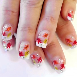 24 Pcs Fall Press on Nails Short Square French Tip Fake Nails with Maple Leaf Rhinestones Design Full Cover Thanksgiving Artificial False Nails Autumn Glossy Glue on Nails for Women Fall Nails Decor