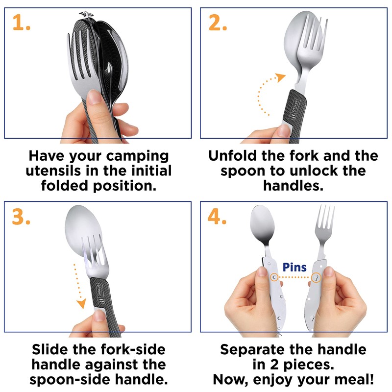 Orblue 4-in-1 Camping Utensils, 2-Pack, Portable Stainless Steel Spoon, Fork,