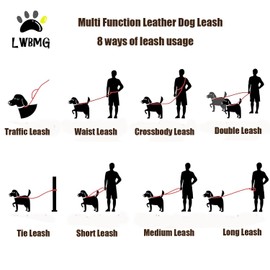 LWBMG Multi Function Leather Dog Leash 8ft Genuine Leather Leash for Dogs Hands Free Pet Leashes Double Ended Pet Training Leashes for Small Medium Large Dogs