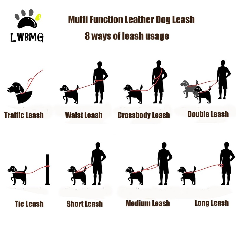 LWBMG Multi Function Leather Dog Leash 8ft Genuine Leather Leash