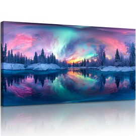 SERIMINO Aurora Landscape Wall Art, Colorful Night Scene Large Wall Pictures, Winter Lake Forest Art Prints, Dreamy Scenery Canvas Paintings Wall Decor Living Room Bedroom Bathroom Office 20"X40"