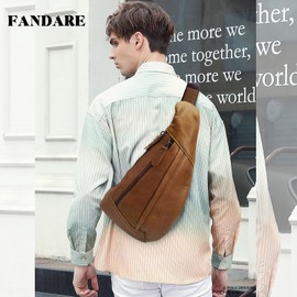 FANDARE Sling Bag Crossbody Shoulder Bag Genuine Leather Small Backpack for Men Personal Flex Bag Chest Pack Everyday Carry Bag for Tactical Travel Work Outdoor Large Capacity Chest Bag Brown
