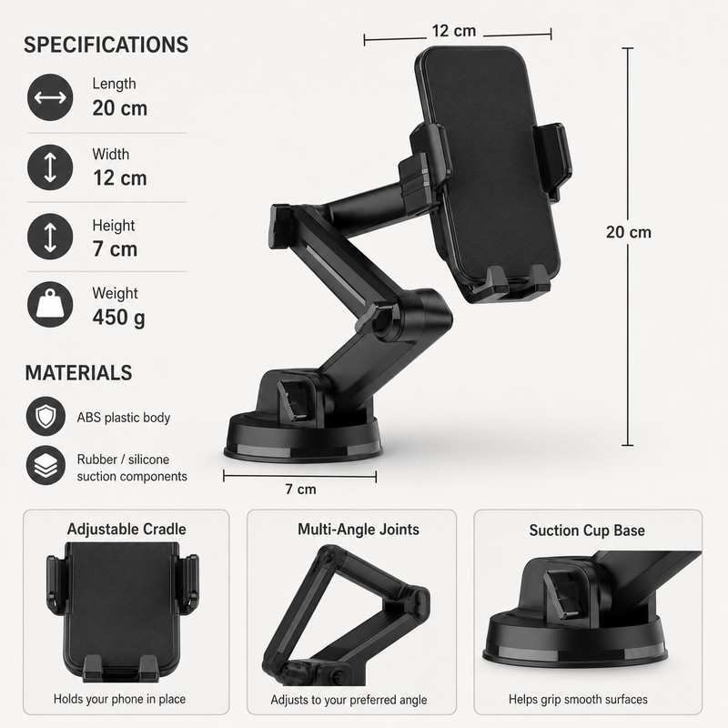 Car Phone Mount for Navigation – Adjustable Height Suction Cup