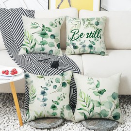 JUMUU Sage Green Pillow Covers 18x18 Inch Set of 4, Eucalyptus Branches Floral Watercolor Decorative Green Leaf Print Throw Pillow for Home Sofa Cotton Seafoam (Green Leaf)
