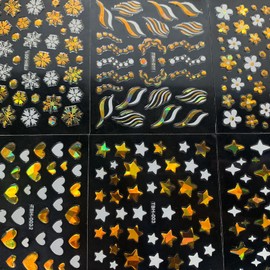 30 Sheets Gold Nail Art Stickers Bronzing Gold Flower Leaf 3D Self-Adhesive Nail Stickers Star Love Design Laser Nail Decals Acrylic Nail Supplies for Women Nail DIY Decoration