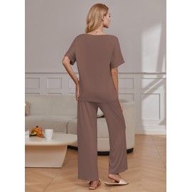 Ekouaer Pajama Sets for Women Short Sleeve Tops and Long Pants Pjs Lounge Set Summer 2 Piece Outfits,Brown,XL