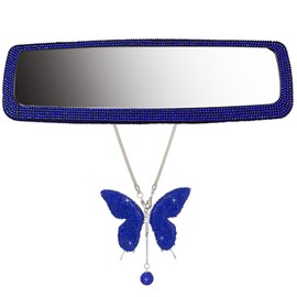 Dotesy 2 PCS Bling Car Rear View Mirror Accessories Set with Crystal Butterfly Car Interior Trim Cover Decor Rhinestone Home Decor Ornament, Crystal Sun Catcher Charm (Blue)