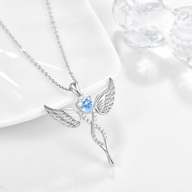 TANGPOET Sterling Silver Guardian Angel Necklaces for Women Angel Wings Pendant March Aquamarine Birthstone Jewelry Birthday Gifts for Her with 18"+2" Chain