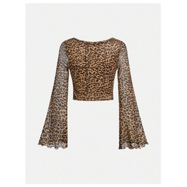 Floerns Girls Bell Long Sleeve Square Neck Asymmetrical Hem Mesh Ruched Crop Tops Tees Brown Leopard 11Y
