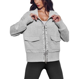 Fisoew Women's Zip up Sweatshirt Collared Neck Long Sleeve Loose Casual Lightweight Jacket with Pockets Grey