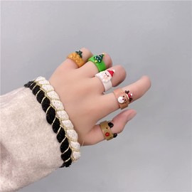 5Pcs Christmas Ring Set for Women Christmas Tree Santa Claus Deer Bell Bow Rings Cute Acrylic Resin Chunky Finger Rings Holiday Jewelry (A:5 PCS)