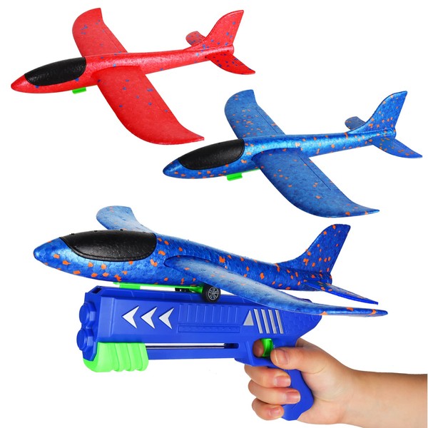 Sinwind Polystyrene Airplane Toy Pistol Plane Launcher with 2 Foam Airplanes, Plane Toy Foam Catapult, Plane Toy Outdoor Sports Toy for Children Boy