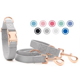 Soft Leather Dog Collar and Lead (2 m) Set - 3-Way Adjustable Dog Lead with Collar, Stylish Rose Gold Metal Buckle & Nylon Dog Lead for Puppies Small Medium Large Dogs Grey, L