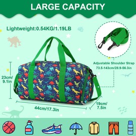 Dinosaur Duffel Bag,RAVUO Water Resistant Kids Overnight Sports Bag Weekender Gym Bag Carry-On Tote Travel Shoulder Bag for Boys with Shoe Compartment and Wet Pocket