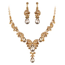 EVER FAITH Rhinestone Crystal Wedding Flowers Wave Teardrop Necklace Earrings Set, Crystal, Rhinestone