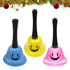 Udbrud Pack of 3 Hand Bell, Metal Table Bell, Reception Bell, Funny Smile Pattern Table Bell, Ring Service Bell, Multifunctional Hand Bell for School, Church, Hotel, Christmas and Wedding