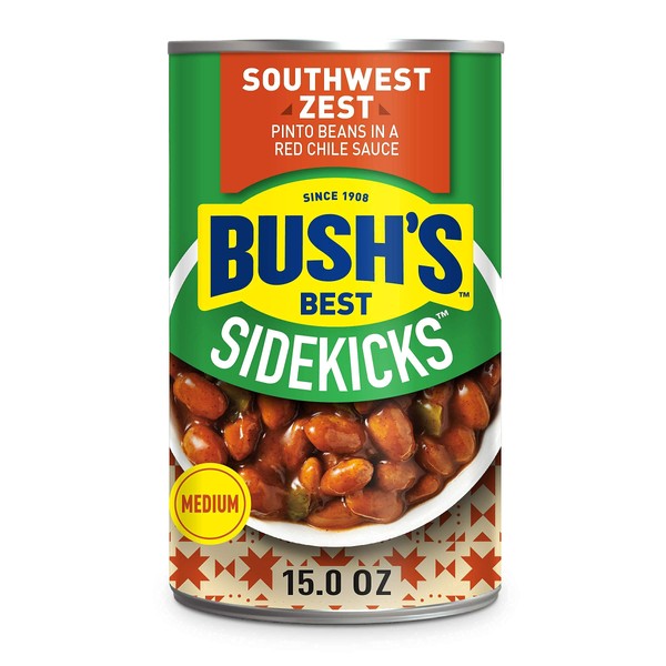 BUSH'S BEST Southwest Zest Pinto Beans, Source of Plant Based Protein and Fiber, Low Fat, Gluten Free, Made with Red Chili Sauce, 15 Oz (Pack-12)