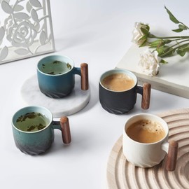 BlogBlog Ceramic Espresso Cups with Wooden Handle Espresso Shot Cups Ceramic Tea Cups Porcelain Demitasse Cups for Coffee or Tea, 3oz (green, 2)