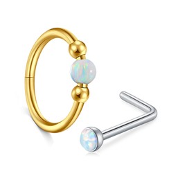 MODRSA 18g Opal Nose Ring Opal Nose Stud L Shaped Opal Nose Hoop Clicker Gold Nose Rings for Women Cartilage Hoop Earring Cartilage Hoop Helix Hoop Earring Opal White Daith Earring Hoop 8mm