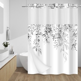 WITHLOC No Hook Shower Curtain with Snap in Liner - Eucalyptus Shower Curtain - Washable Waterproof Inner Liner, Plants Grey Leaves Modern Shower Curtains - Machine Washable, 71 x 86