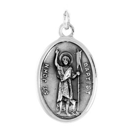 Sterling Silver St John the Baptist Medal Necklace Oxidized finish Oval 22 inch 1.8mm Chain