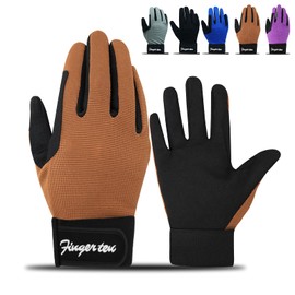 FINGER TEN Horse Riding Gloves Equestrian Women Kids for Girls Boys Mesh Breathable Lightweight Color Pack, Comfortable Grip for Summer (Kids-Brown, Large)