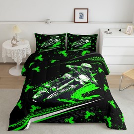 Dirt Bike Comforter Set Full Size Kids Racing Motocross Rider Comforter for Boys Teens Extreme Sports Bedding Set Breathable Green Black Duvet Set Room Decor Motorcycle Quilt Set