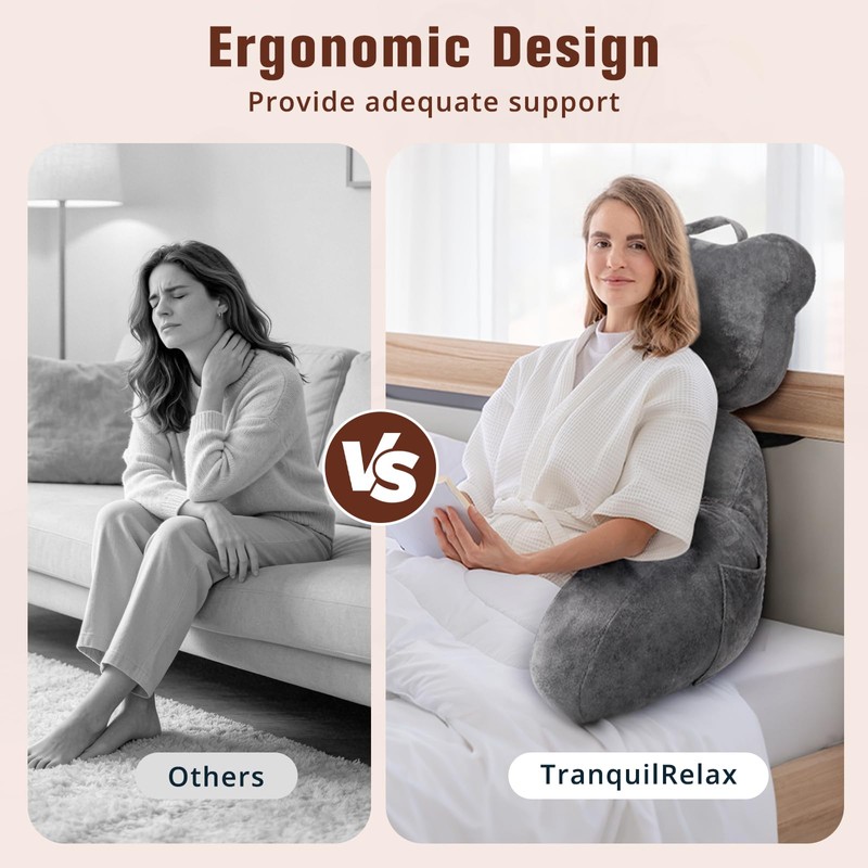 TranquilRelax Reading Pillow, Back Pillow with Pockets for Bed Sitting