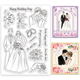 INFUNLY Happy Wedding Day Clear Stamp Bride and Groom Reusable Transparent Stamps Bridal Bouquet Silicone Stamps Wedding Blessing Text Rubber Stamps for Card Making Invitation Photo Album Decor