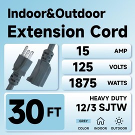 FNXPOW Indoor Outdoor Extension Cord, 12 Gauge 3 Prong Weatherproof Heavy Duty Gray Extension Cords, 12/3 SJTW 15A 30 FT Extension Cable for Garage, Garden and Home, UL Listed