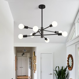 HHR Black Sputnik Light Fixture, 8-Light Modern Dining Room Chandelier, Height Adjustable Chandeliers for Kitchen Island Over Table, Mid Century Ceiling Lighting Fixture