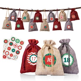 Naler Christmas Advent Calendar 2024 Drawstring Pouches Jute Gift Bags 24 Days Burlap Hanging Countdown Candy Gift Bags for Xmas Christmas Decorations with 1 to 24 Stickers, 3 Colors