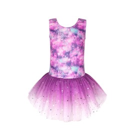 EQSJIU Gymnastics dress for kids skirted leotards purple clouds galaxy fancy tulle skirts size 9-10 years old colorful stars