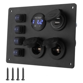 Waterproof 4 Gang Rocker Switch Panel Dual USB Port Voltage Display 12V Socket for Car Boat RVs