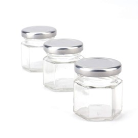 Tebery 30 Pack 1.5oz Mini Hexagon Glass Jars with White Lids and Labels, Honey Jars Small Spice Jars Mason Jars for Spices, Gifts, Wedding Party Favors, DIY and More (Silver Lids)