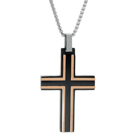 Metro Jewelry Timeless Cross Pendant Necklace for Men in Stainless Steel with Black and Rose Plating on 24 Inches Long Box Chain