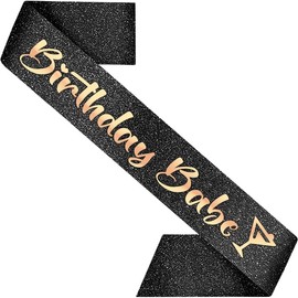 PartyForever Birthday Babe Sash – Black Glitter Sash with Rose Gold Letters & Martini Icon + Luxe Pearl Pin | Birthday Sash for Women | Extra Long, Soft Back, Glam Party Accessory