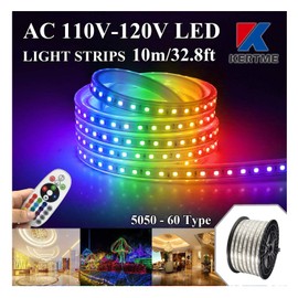 KERTME 5050-60 Type AC 110-120V RGB LED Strip Lights, Flexible/Waterproof/Dimmable/Multi-Colors/Multi-Modes LED Rope Light + 24 Keys Remote for Home/Garden/Building Decoration (32.8ft/10m, RGB)