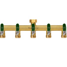 Yayamz Garden Hose Splitter, 3/4” Rust and Freeze Resistant Outdoor Hose Manifold with 5 green Extra Long Handles Faucet Adapter-Heavy Duty Brass 5-Way Valve