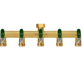 Garden Hose Splitter, 3/4” Rust and Freeze Resistant Outdoor Hose Manifold with 5 green Extra Long Handles Faucet Adapter-Heavy Duty Brass 5-Way Valve