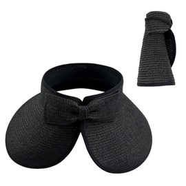HIXNUG Sun Visor Hat Summer Wide Brim Rollable Foldable Hat Straw Braid Visor Cap Bucket with Bowknot for Women (Black)