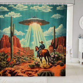 Castle Fairy Cowboy Shower Curtain for Stalls Bathtubs Magical UFO Alien Spacecraft Bathroom Shower Curtain Set Desert Adventure Bath Curtains Orange Waterproof Curtains 72x72 Inch