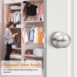 Probrico Round Brushed Nickel Passage Door Knobs Interior Door Handles for Hallway Closet, Keyless Passage Door Lock, 4 Pack