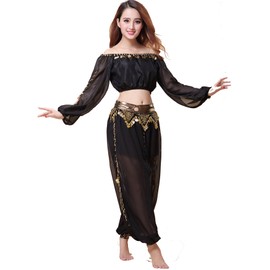 ZLTdream Belly Dance Chiffon Long Sleeves Top and Lantern Coins Pants Black, One Size