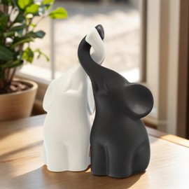 OwMell Set of 2 Loving Elephant Statue Figurine, 6" Elephant Ring Holder, Gifts for Couples Home Lucky Decor - Matte Black