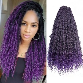 Purple Senegalese Twist Crochet Hair with Curls 8 Packs 18 Inch Pre-Twisted Boho Island Twist Crochet Braids Pre-Looped Goddess Senegalese Twist for Women Braiding Hair Extensions T1B/Purple#